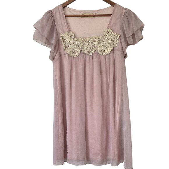 Sz XL Pink Silk Blend Fairy Babydoll Crochet Detailing Flowy Lined Mini Dress - Picture 1 of 12